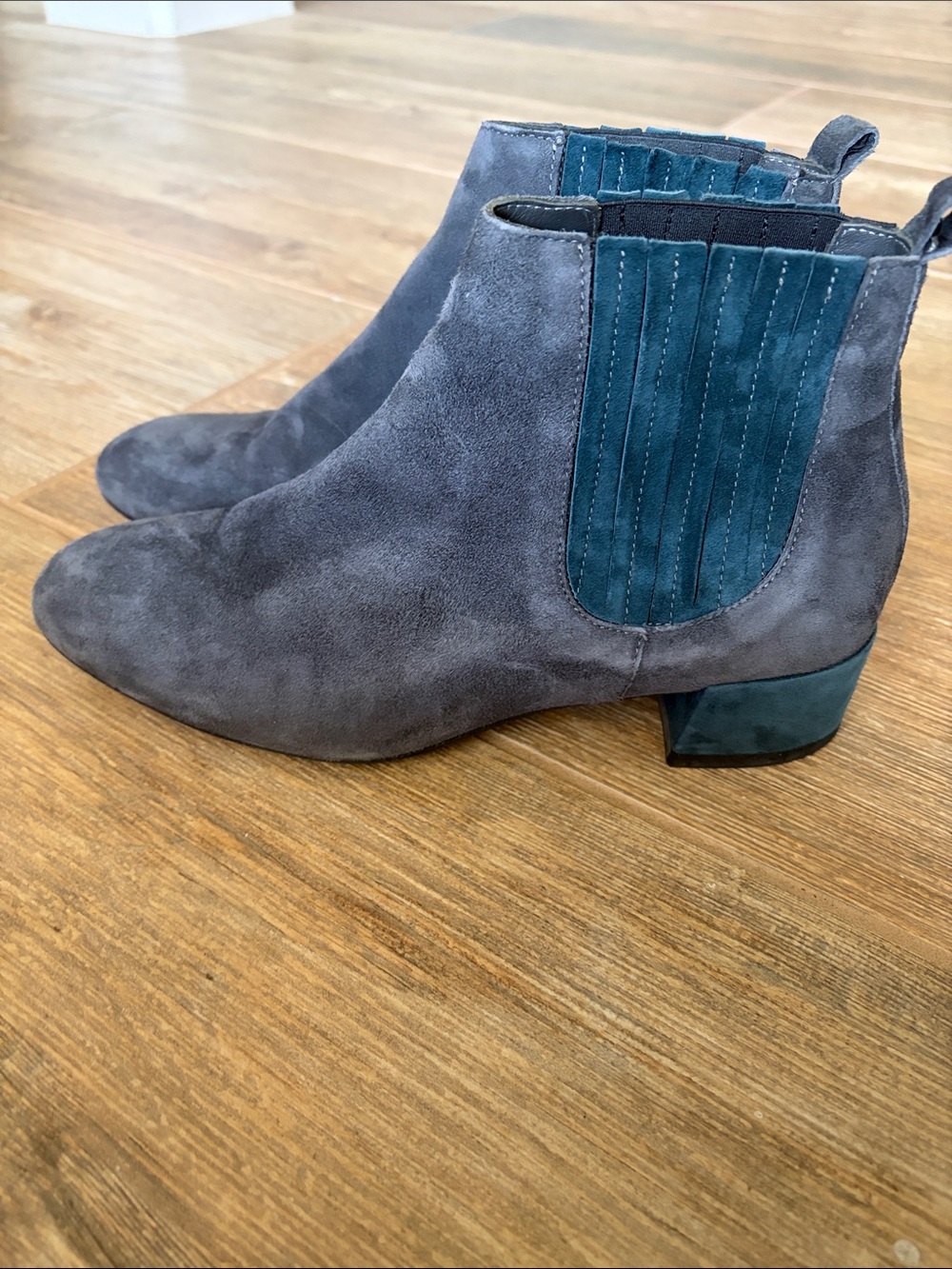 Think Suede Chelsea Ankle Boots in Charcoal Gray Navy heel and side Panels